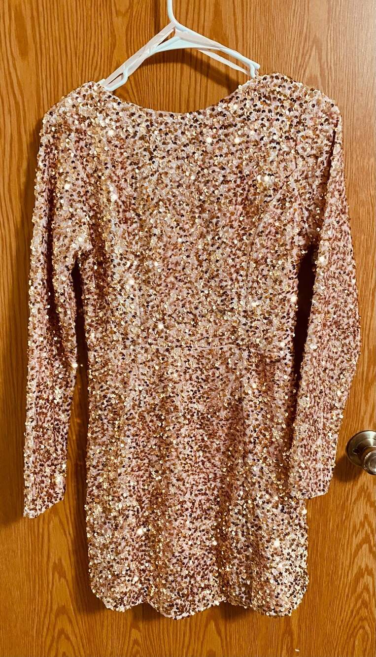 Selfie Leslie Blush Sequin Long Sleeve Open Back Mini Dress